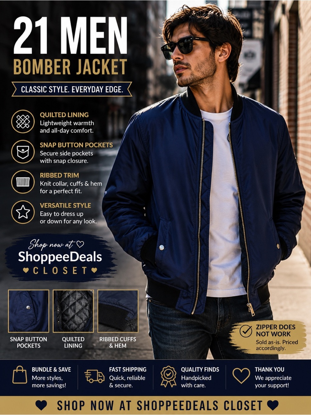 21 Men Navy Blue Quilted Bomber Jacket – Men’s Medium